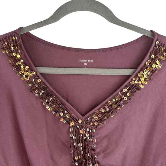 Garnet Hill Womens XS V Neck Sequin Tassel Trim Ruched Mauve Short Sleeve Blouse - Picture 2 of 8